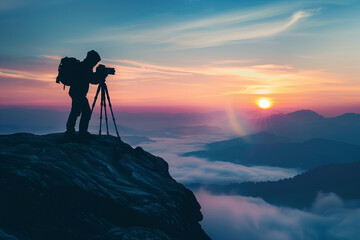 silhouette of a photographer taking a landscape photo from mountaintop at sunset (3)