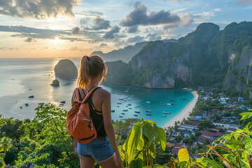 A woman standing at Phi Phi View Point And see the view from a bird's eye view of the mountains, the sea and the sunset. and town on Phi Phi Island, Krabi Province, Thailand (2) - Powered by Adobe