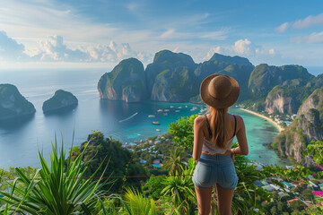 A woman standing at Phi Phi View Point And see the view from a bird's eye view of the mountains, the sea and the sunset. and town on Phi Phi Island, Krabi Province, Thailand (1) - obrazy, fototapety, plakaty