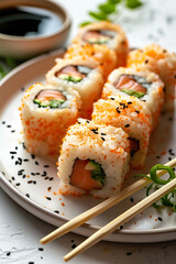 close up of homemade japanese maki salmon avocado sushi food styling plate in natural daylight setting in magazine editorial studio setting