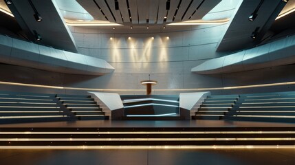 inside a gigantic ultra modern auditorium. There is a podium on the stage 