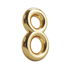 : 3d Royal Gold number "8" letter floating over a white background PNG