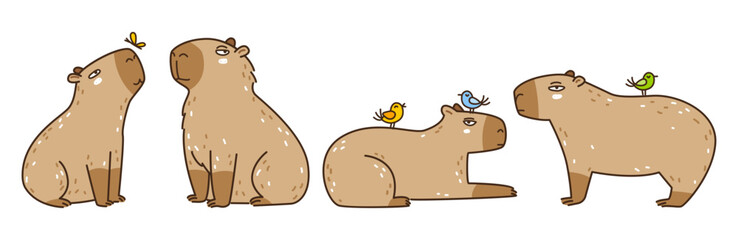 Set of cute сartoon capybaras with birds isolated on white - funny animals for Your design - 756571779