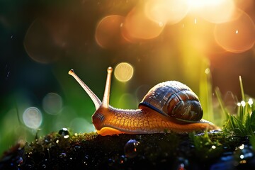 Snails on green grass with sun light and bokeh background - obrazy, fototapety, plakaty