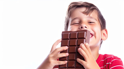 A boy on a white background holds a huge bar of chocolate in his hands
