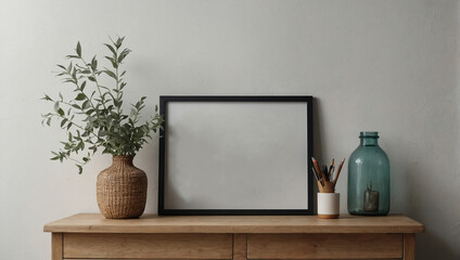 empty frame mockup on a table leaning on the white wall