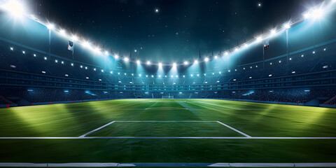 Modern large football stadium with green lawn and blue floodlight, stadium background illustration at night - obrazy, fototapety, plakaty