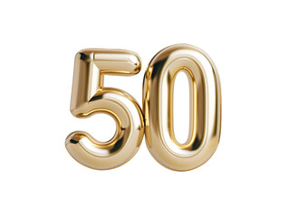 3d Royal Gold number "50" letter floating over a white background PNG