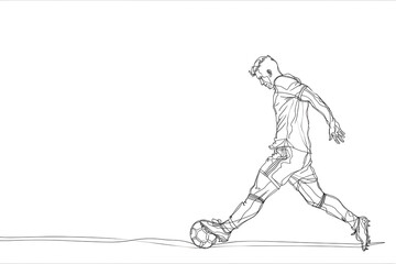 illustration of a soccer player dribbling the ball drawn in black line on a white background, soccer background image with place for text