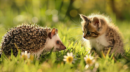 Hedgehog and little kitten sitting in the grass
