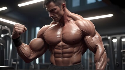 bodybuilder training in gym, A muscular man in a gym, Six-Pack, Ai Generative.