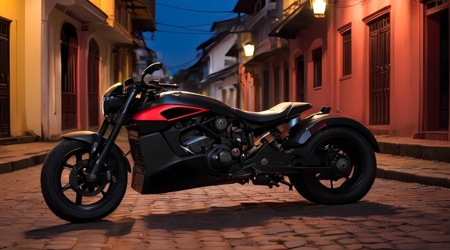 A black motorcycle parked on a cobblestone road in a city at night.