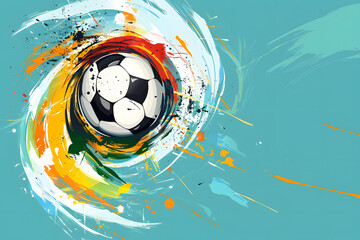 illustration of a soccer ball on a background of colored splashes of spots and stripes in a flat style, ball on a blue background with space for text