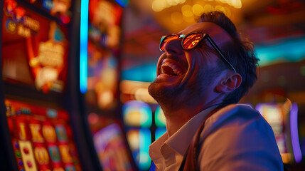 Portrait of a happy gambler winning money in a casino, playing at slot machines
