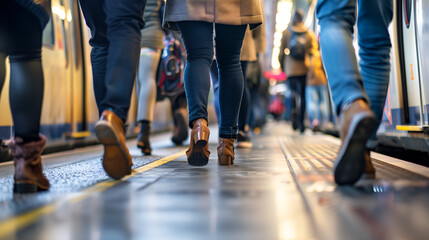 Commuter legs walking next to a suburban train