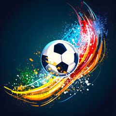 illustration of a soccer ball on a background of colored splashes of spots and stripes in a flat style, ball on a blue background