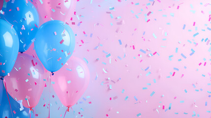 Pink and blue balloons and confetti background with copy space