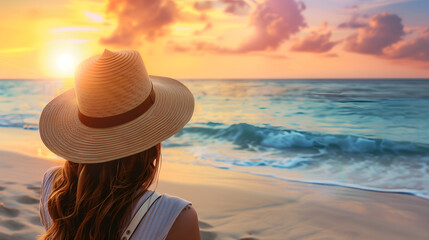 Woman with a hat vacationing at sunrise at the beach, looking at the ocean with Copy Space