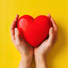 Obraz premium A girl holds a red heart in her hands on a yellow background 