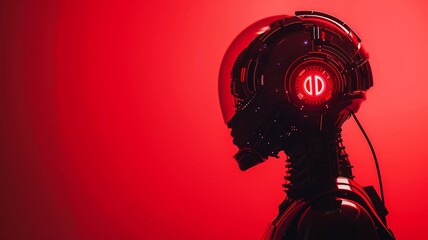 Robotic figure powers up with crimson hue enhancing futuristic vision
