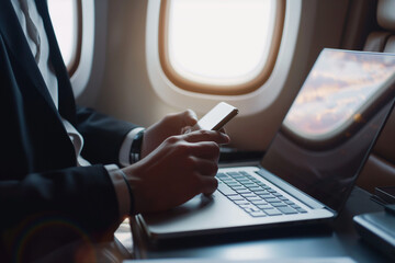 person typing on a phone in the plane - obrazy, fototapety, plakaty
