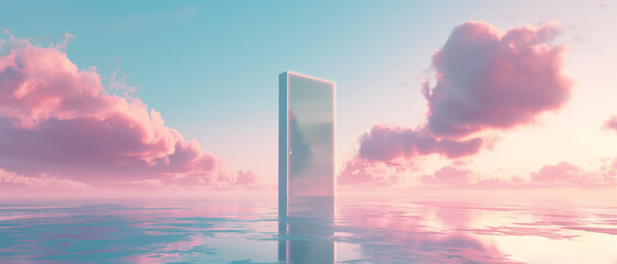 Abstract Portal Reflecting on Water Against a Pastel Sky - obrazy, fototapety, plakaty