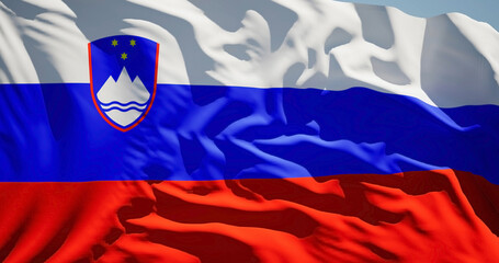 Close-up of the national flag of slovenia flutters in the wind on a sunny day