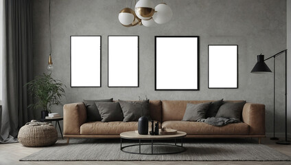 Empty mock up frame in modern interior background, living room, Scandinavian style