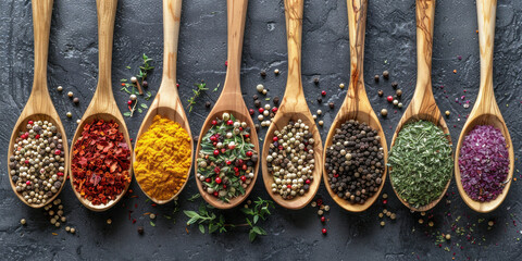 Assorted spices and herbs in wooden spoons on dark background, top view Kitchen seasoning collection concept