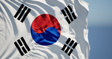 Close-up of the national flag of South Korea flutters in the wind on a sunny day