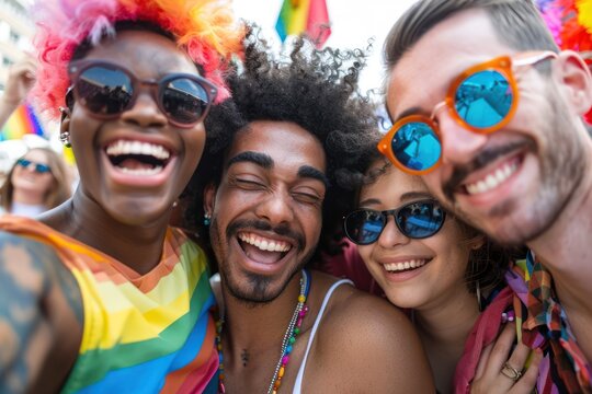 happy multiracial friends, gays and transexual people, having fun during lgbt party on the streets