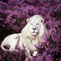 White lion lies among lavender flowers
