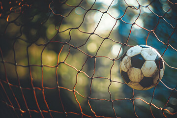 A soccer ball hits a goal with a net on a blurred background, illustration of a background with a soccer ball with space for text, successful kick