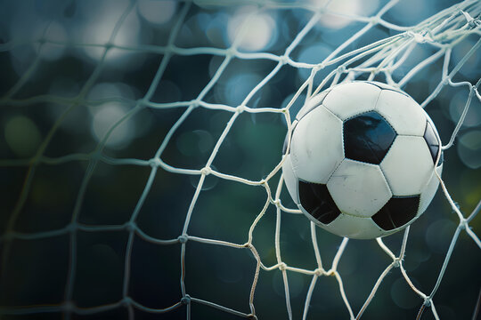 A soccer ball hits a goal with a net on a blurred background, illustration of a background with a soccer ball with space for text, successful kick