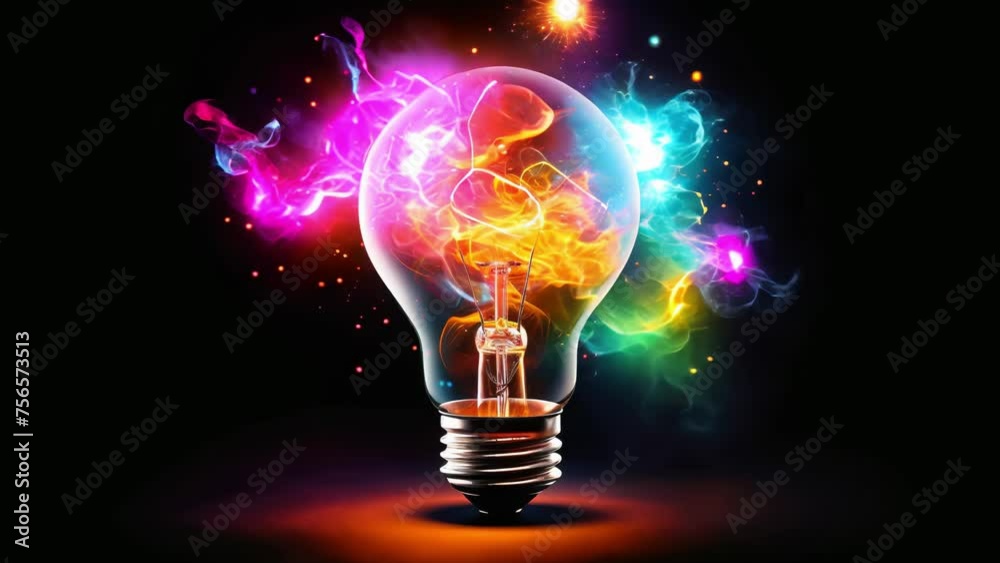 Wall mural lightbulb idea concept with colorful liquid of splashing unique creative idea on black background,
