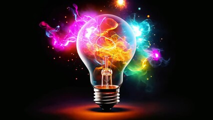 lightbulb Idea concept with colorful liquid of splashing Unique Creative idea on black background, 