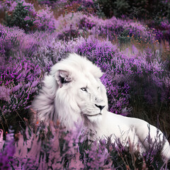 White lion lies among lavender flowers
