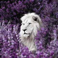 White lion lies among lavender flowers

