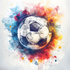 illustration of a soccer ball on a background of colored splashes of spots and stripes in a flat style, on a white background