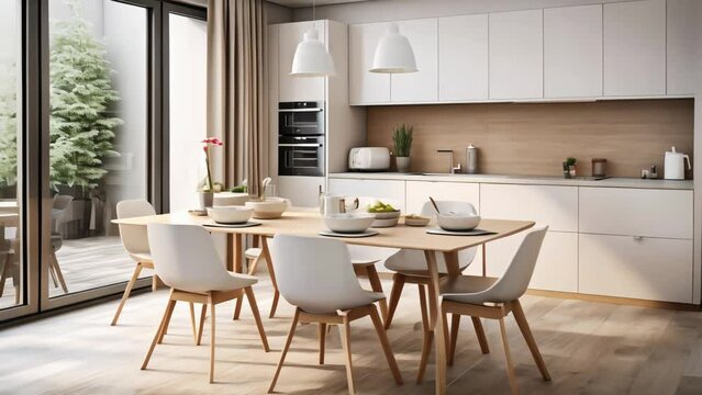 Scandinavian classic kitchen with wooden and white details, Luxury Kitchen Interior in white tone