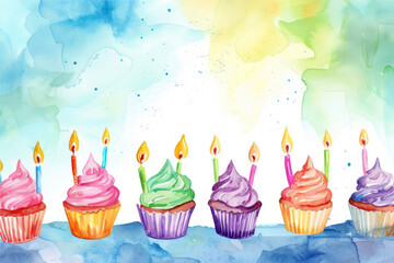 Watercolor birthday background with cupcakes and candles. Vector illustration.