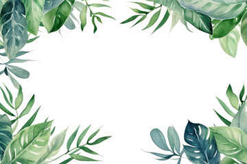 Watercolor tropical leaves frame on white background. Hand drawn illustration.