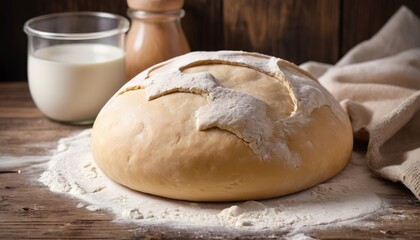 Fototapeta na wymiar Dough made from fresh milk flour. On a wooden table