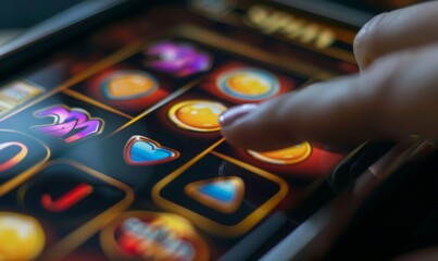Spin button on the smartphone screen while playing online slots in the casino application.