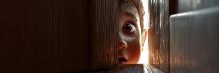 3D illustration of a child peeking out with wide fearful eyes from a half-open wardrobe
