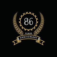 86st anniversary logo with gold and white frame and color. on black background