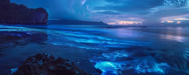 A beach with tide pools that glow with bioluminescent creatures at night - obrazy, fototapety, plakaty