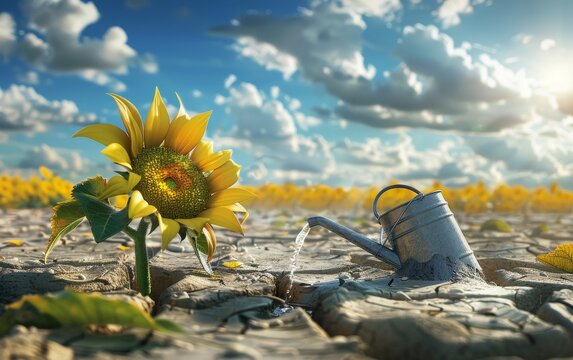 3D artwork of a sunflower bending over to drink from a tiny water can in a scorched field
