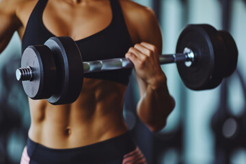 Fototapeta na wymiar Close-up of sporty woman lifting dumbbells in gym