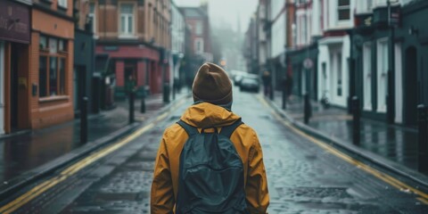 A person walking down a street with their head turned completely around